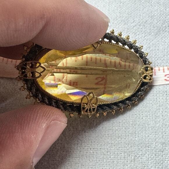 Antique C Clasp Czech? Gold Filled Brooch With Large Yellow Color Faceted Glass - Picture 7 of 7